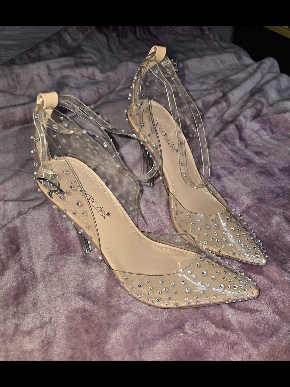 Shoe Dazzle Clear Pointed Rhinestone Ankle-Strap Heels - Nude/Clear